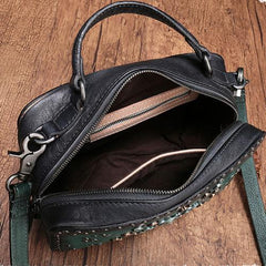 Vintage Womens Green Leather Handbag Purse Cube Rivet Shoulder Handbag Crossbody Bags