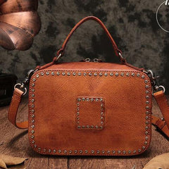Vintage Womens Brown Leather Handbag Purse Cube Rivet Shoulder Handbag Crossbody Bags
