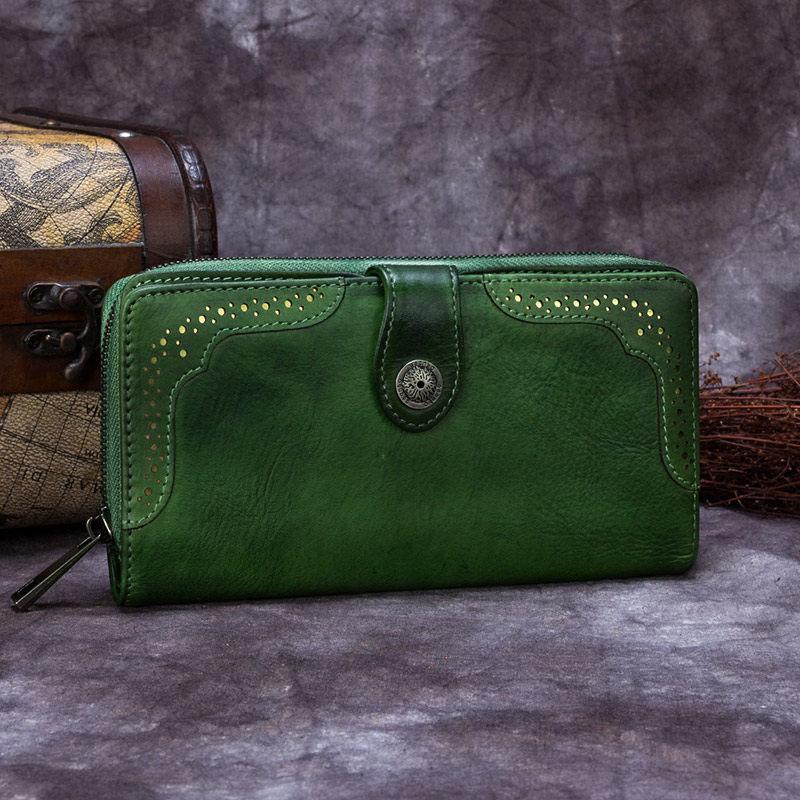 Green Vintage Ladies Leather Zipper Long Wallet Bifold Red Phone Clutch Purse for WOmen