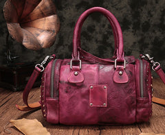 Vintage Purple Leather Womens Boston Handbag Shoulder Boston Purse For Women