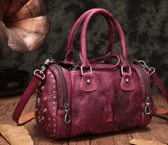 Vintage Purple Leather Womens Boston Handbag Shoulder Boston Purse For Women