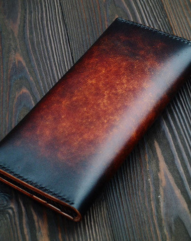 Handmade vintage dark brown black coffee leather long wallet purse clutch for men