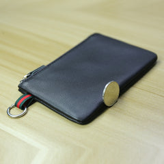 Women Black Coffee Leather Mini Zip Wallet with Keychain Billfold Slim Coin Wallet Small Zip Change Wallet For Women