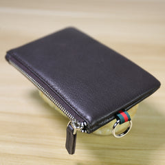 Women Black Leather Mini Zip Wallet with Keychain Billfold Slim Coin Wallet Small Zip Change Wallet For Women