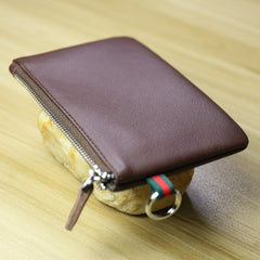 Women Tan Leather Mini Zip Wallet with Keychain Billfold Slim Coin Wallet Small Zip Change Wallet For Women