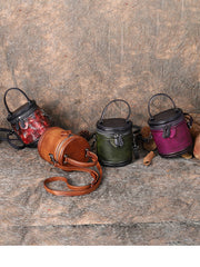 Womens Red Leather Barrel Handbag Purses Vintage Handmade Round Shoulder Bag Bucket Crossbody Handbag for Women