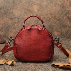 Womens Red Leather Round Handbag Purses Vintage Handmade Round Shoulder Bag Crossbody Handbag for Women