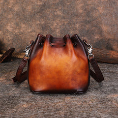 Womens Brown Leather Barrel Crossbody Bag Purse Vintage Round Bucket Shoulder Bag for Women