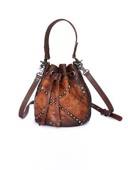 Womens Leather Barrel Handbag Purse Vintage Rivet Round Shoulder Bag Bucket Crossbody Handbag for Women