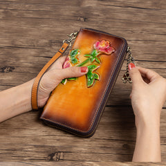 Womens Tan Leather Zip Around Wallets Peony Flower Wristlet Wallets Floral Ladies Zipper Clutch Wallet for Women