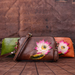 Womens Lotus Flower Leather Wristlet Wallets Shoulder Bag Small Crossbody Bag for Women