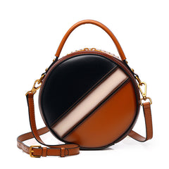 Womens Brown Leather Round Handbag CONTRAST COLOR Crossbody Purse Brown Round Shoulder Bag for Women