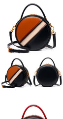 Womens Brown Leather Round Handbag CONTRAST COLOR Crossbody Purse Brown Round Shoulder Bag for Women