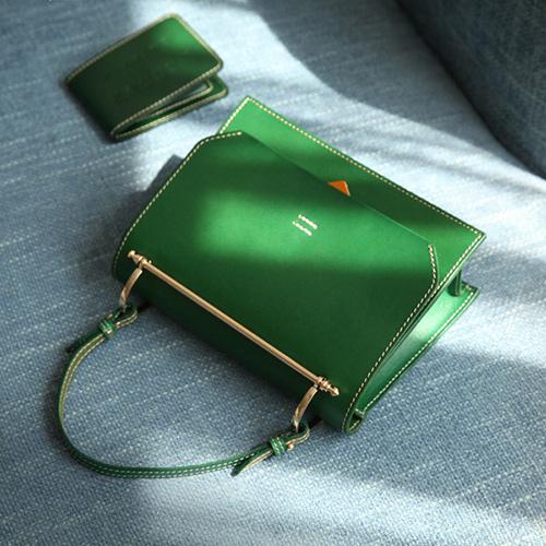 Fashion Womens Green Leather Flap Over Handbag Purse Handmade Square C