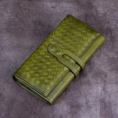 Green Vintage Womens Braided Leather Trifold Long Wallet Phone Clutch Purse for Ladies