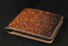Handmade leather brown custom billfold wallet Cashew flowers carved for men him