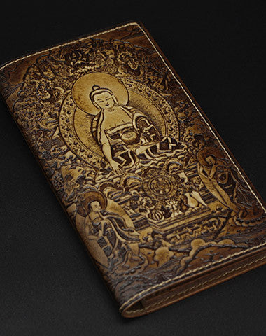 Handmade leather wallet Sakyamuni carved leather custom long wallet for men
