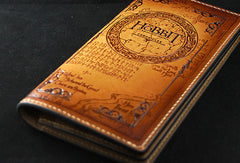 Handmade leather men wallet Hobbit carved leather custom long wallet w/card ID holder for men