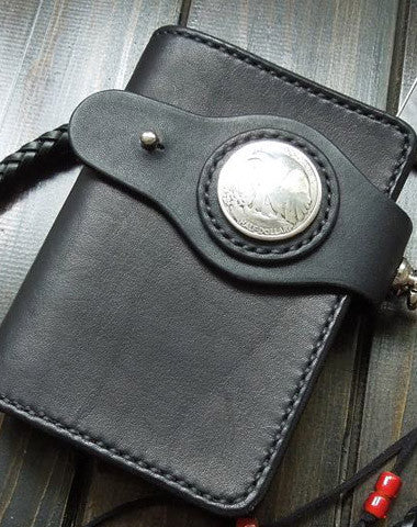 Handmade biker chain wallet black leather small trucker wallet chain for men