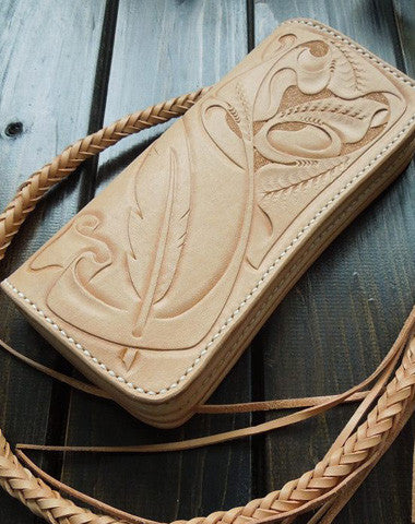 Handmade biker wallet carved trucker wallet chain leather long floral wallet for men
