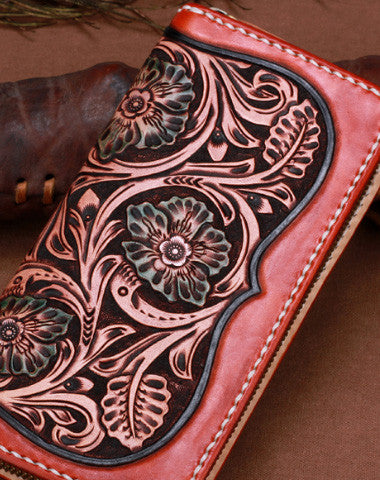Handmade leather brown floral wallet leather men women clutch Tooled wallet