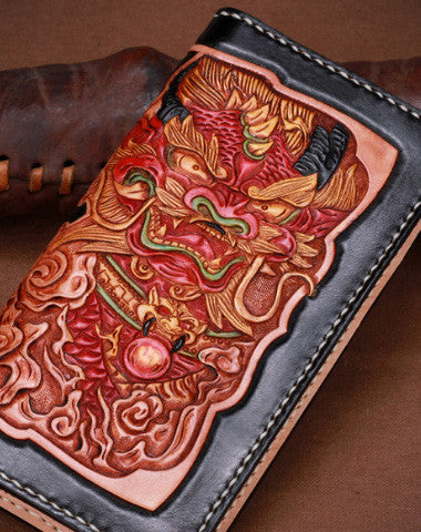 Handmade leather Long Black Chinese Lion wallet leather men zip clutch Tooled wallet