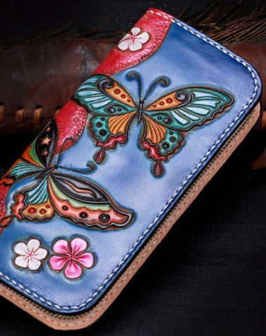 Handmade women leather blue butterfly wallet leather zip clutch Tooled wallet