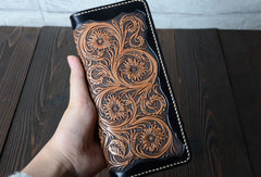 Handmade vintage black brown floral leather long wallet purse clutch for men