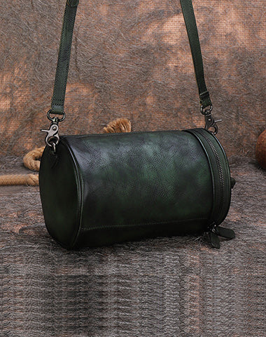 Womens Green Leather Barrel Shoulder Bag Purse Vintage Round Handbag Bucket Crossbody Purse for Women