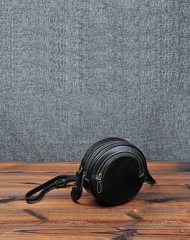 Cute Womens Small Black Leather Round Crossbody Purse Vintage Round Black Shoulder Bag for Women