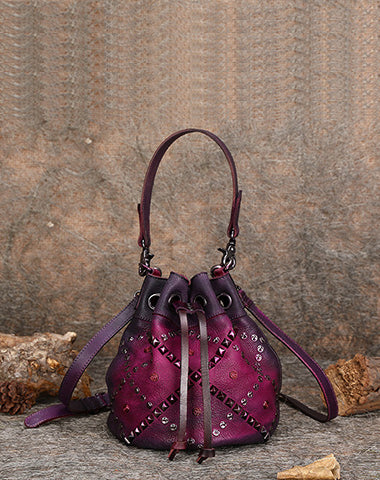 Womens Purple Leather Barrel Handbag Purse Vintage Rivet Round Shoulder Bag Bucket Crossbody Handbag for Women