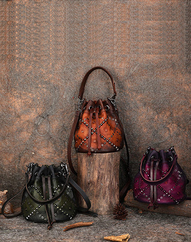 Womens Leather Barrel Handbag Purse Vintage Rivet Round Shoulder Bag Bucket Crossbody Handbag for Women