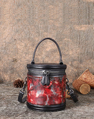 Womens Brown Leather Barrel Handbag Purses Vintage Handmade Round Shoulder Bag Bucket Crossbody Handbag for Women