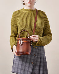 Womens Red Leather Barrel Handbag Purses Vintage Handmade Round Shoulder Bag Bucket Crossbody Handbag for Women