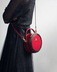 Womens Red Leather Small Round Handbag Crossbody Purse Round Shoulder Bag for Women