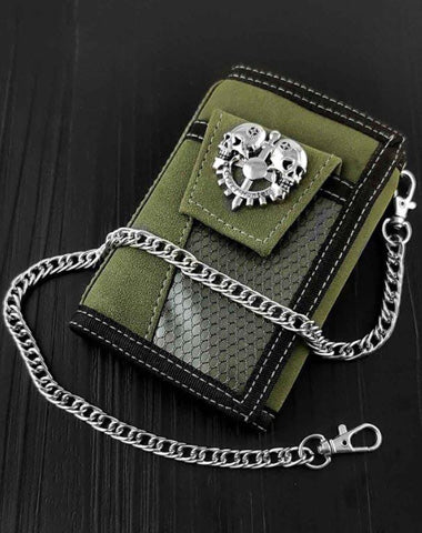 BADASS ARMY GREEN Canvas MENS TRIFOLD SMALL BIKER WALLETS CHAIN WALLET WALLET WITH CHAINS FOR MEN