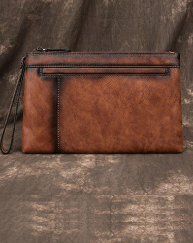 COOL MEN LEATHER Brown Wristlet Bag LONG CLUTCH WALLETS ZIPPER VINTAGE Tan Envelope Bag FOR MEN
