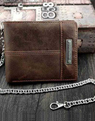 Badass Brown Leather Men's Bifold Small Biker Wallets Chain Wallet Brown Wallet with chain For Men