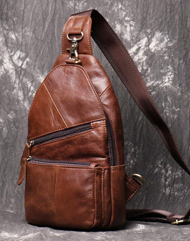 Brown Leather Backpack Men's Sling Bag Chest Bag Brown One shoulder Backpack Sling Pack For Men
