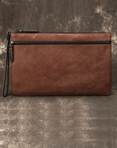 COOL MEN LEATHER ZIPPER LONG CLUTCH WALLETS ZIPPER VINTAGE Brown Envelope Bag FOR MEN