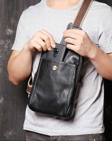 Fashion Black Leather Sling Backpack Men's Sling Bag Black Chest Bag One shoulder Backpack Black Sling Pack For Men