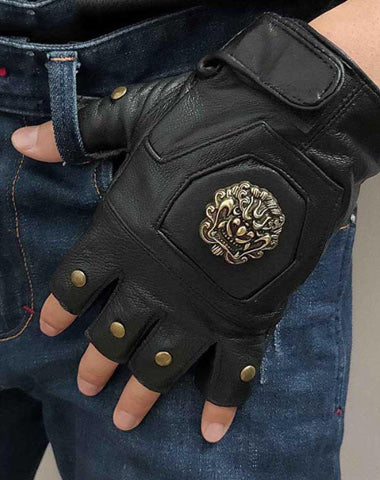 Cool Mens Black Dragon Head Leather Half-Finger Rock Gloves Black Motorcycle Gloves Biker Gloves For Men