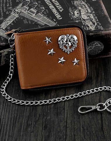 Badass Brown Leather Men's Bifold Small Biker Wallet Chain Wallet Wallet with chain For Men