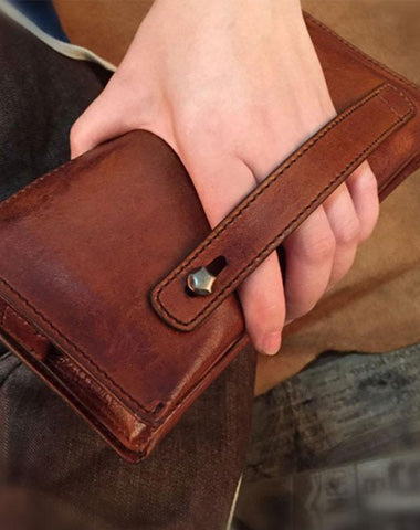 Handmade Genuine Leather Mens Cool Long Wallet Wristlet Bifold Clutch Wallet for Men