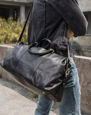Black Leather Mens 16" Weekender Bag Travel Shoulder Bag Black Luggage Duffle Bag for Men