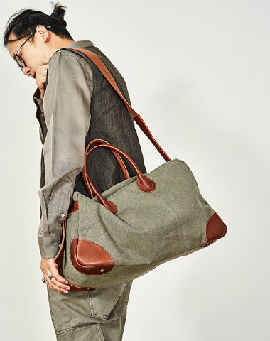 Vintage Mens Green Leather Canvas Large Weekender Bag Canvas Travel Shoulder Bag Large Duffle Bags for Men