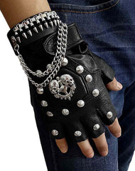 Mens Punk Skull Black Cool Leather Half-Finger Rock Gloves Motorcycle Gloves Black Biker Gloves For Men