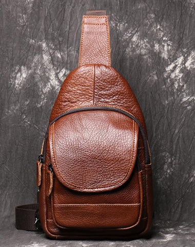 Brown Leather Men's Sling Bag Sling Pack Fashion Brown One shoulder Backpack For Men