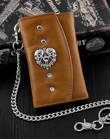 BADASS BROWN SKULL LEATHER MENS TRIFOLD SMALL BIKER WALLETS CHAIN WALLET WALLET WITH CHAIN FOR MEN