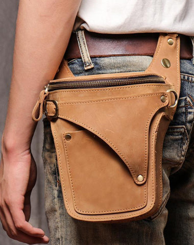 Cool Tan Men's Motorcycle Belt Pouch Belt Bag Leather Drop Leg Bag Waist Bag For Men